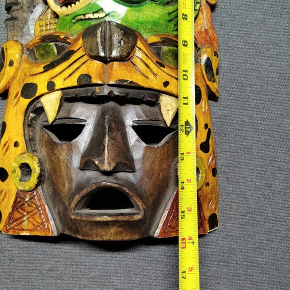 Mexican Folk Art Hand Carved Wooden Mayan Mask - Picture 7 of 9